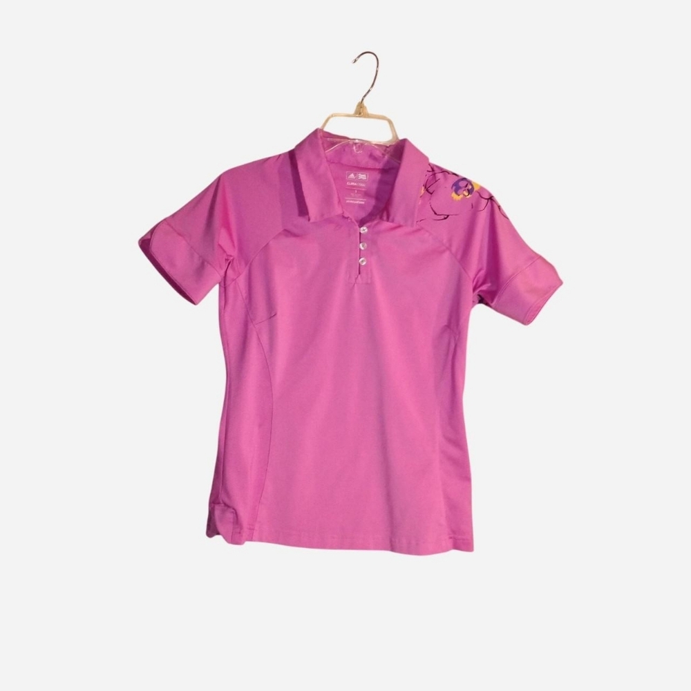 Adidas Golf ClimaCool Women's Small Pink Polo Shirt Floral Shoulder Graphic